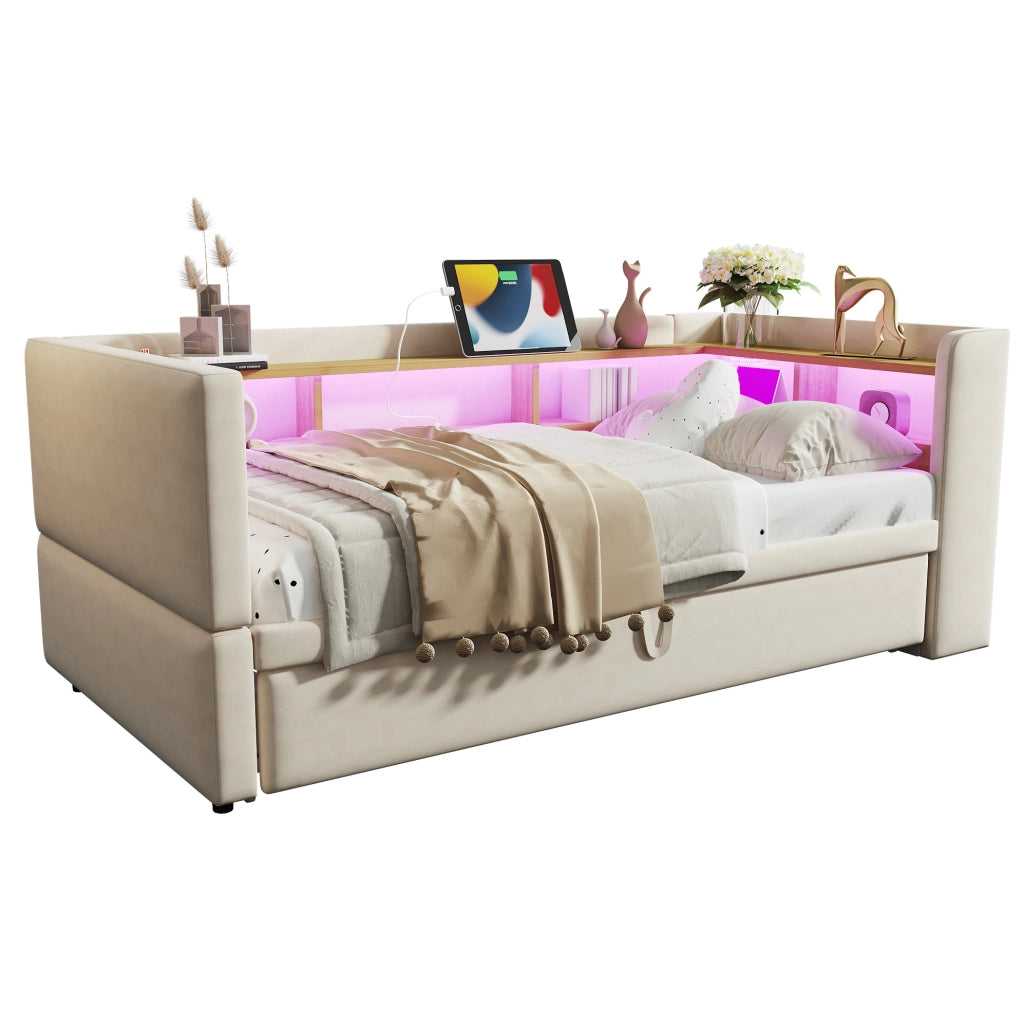 Divano letto imbottito 90/180 x 190 cm beige con LED, prese e vani contenitore