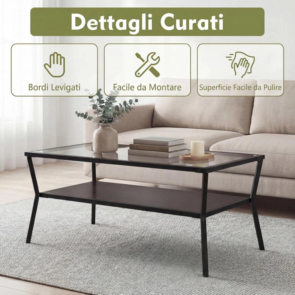 Tavolino da Caffè a 2 Livelli, Tavolino Rettangolare con Piano in Vetro Temperato e Struttura in Metallo, Tavolo Moderno con Ripiano per Soggiorno e Ufficio, 106,5 X 50,5X 46,5 CM