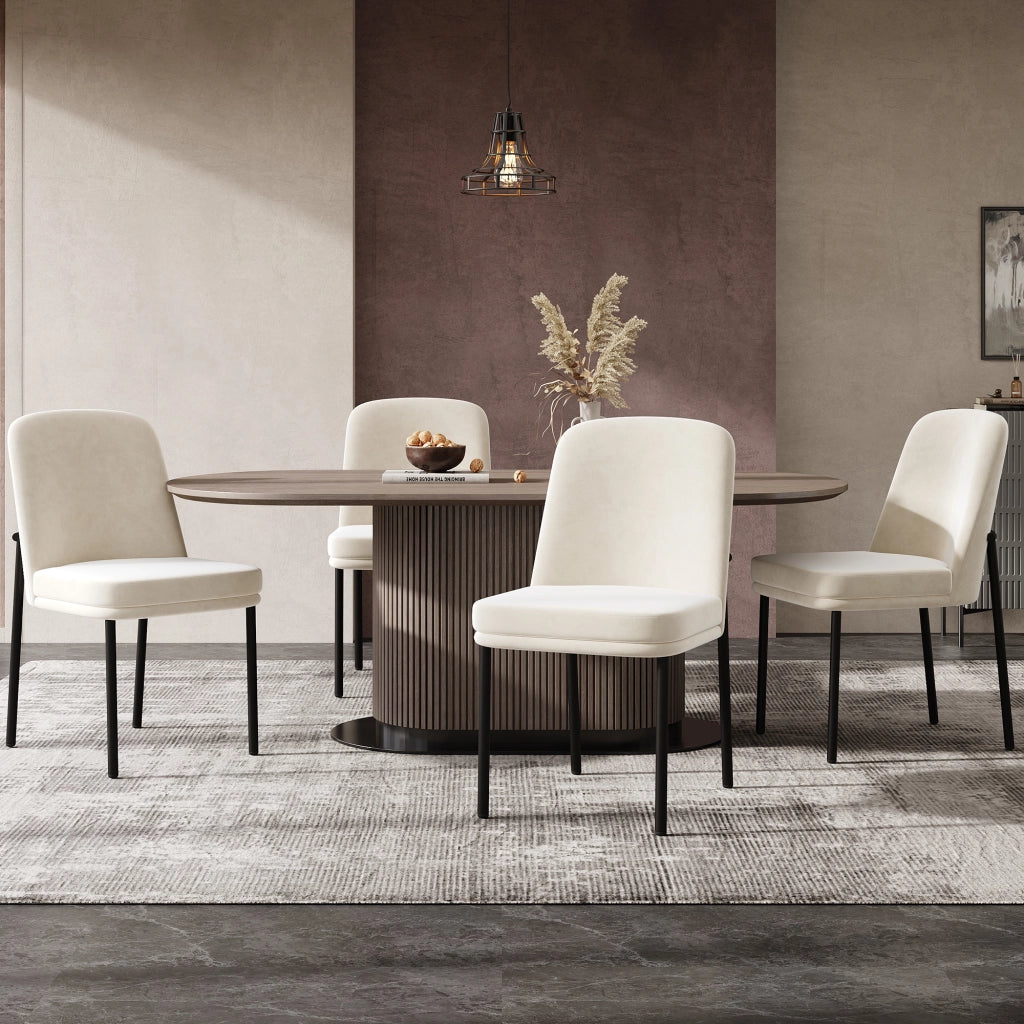 Sedie da pranzo moderne, 4 pezzi in velluto beige con seduta imbottita e gambe in metallo, design minimalista