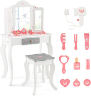 Toeletta Trucco 2 in 1 per Bambina, Specchiera Staccabile per Ragazza in Legno con Sgabello, Cassetto e Giocattoli, Postazione Trucco per 3 Anni, 50 x 34 x 93 cm, Bianco（Modello 2）