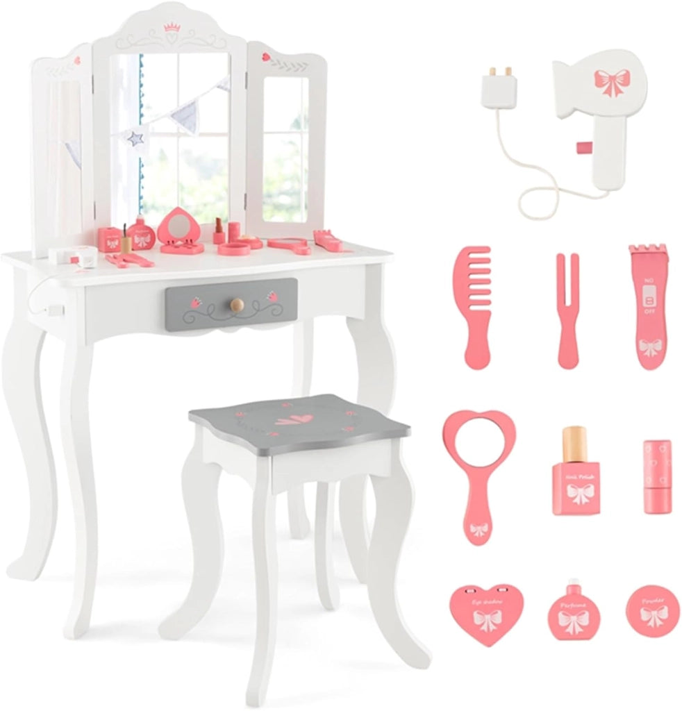 Toeletta Trucco 2 in 1 per Bambina, Specchiera Staccabile per Ragazza in Legno con Sgabello, Cassetto e Giocattoli, Postazione Trucco per 3 Anni, 50 x 34 x 93 cm, Bianco（Modello 2）