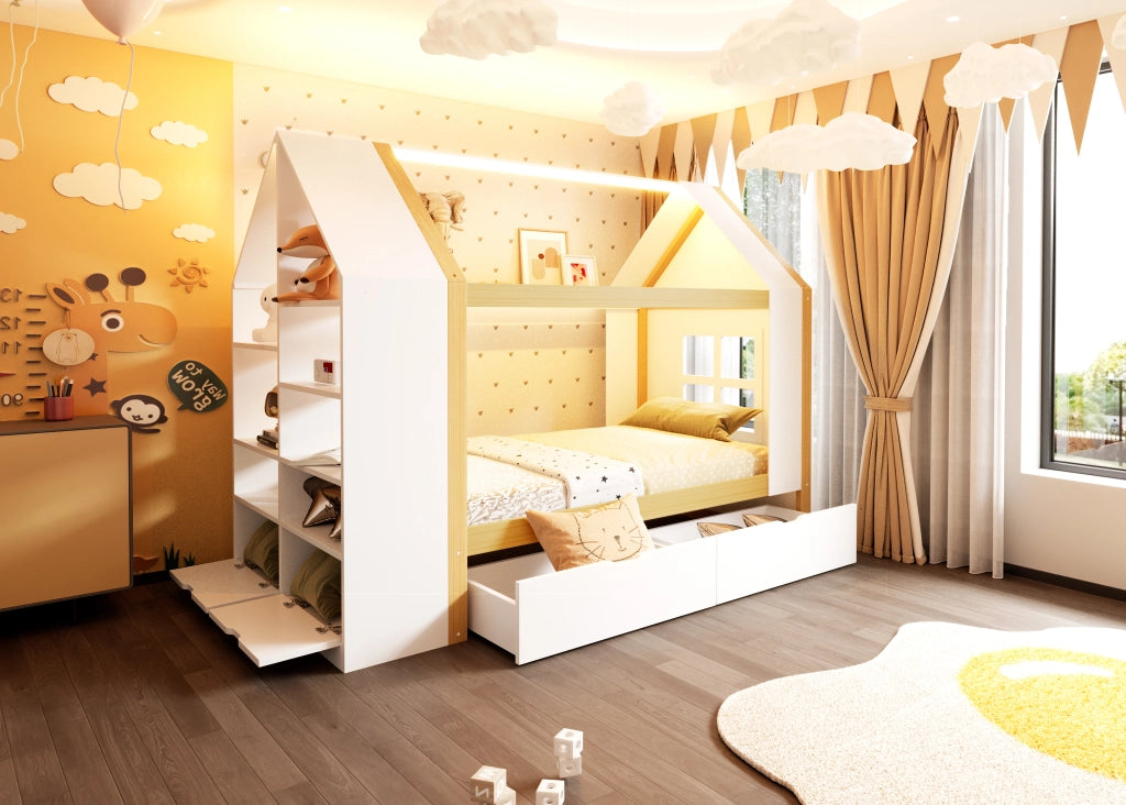 Letto a casetta per bambini 90 × 200 cm con 2 cassetti, LED e ripiani laterali, senza materasso, legno massiccio, bianco naturale