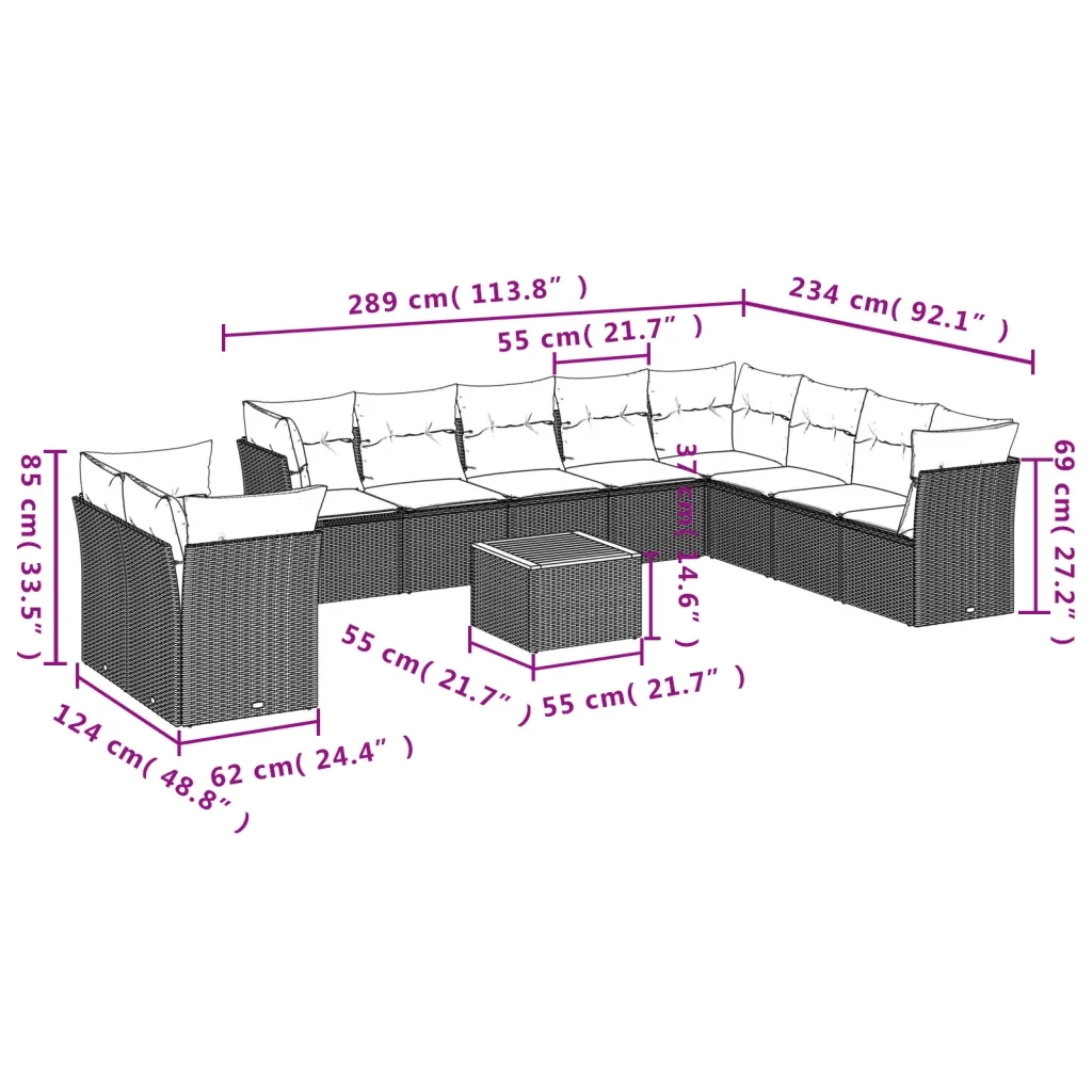Set Divani da Giardino 11 pz con Cuscini Beige in Polyrattan