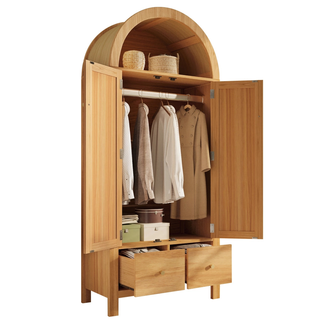 Armadio a 2 ante in effetto rovere con rattan, 181x78x45 cm, 2 cassetti e asta appendiabiti