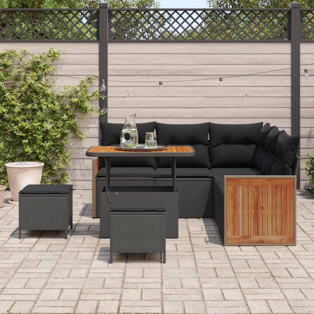 Set di 8 Pezzi Divano da Giardino con Cuscini Nero Rattan Polipropilene Acacia