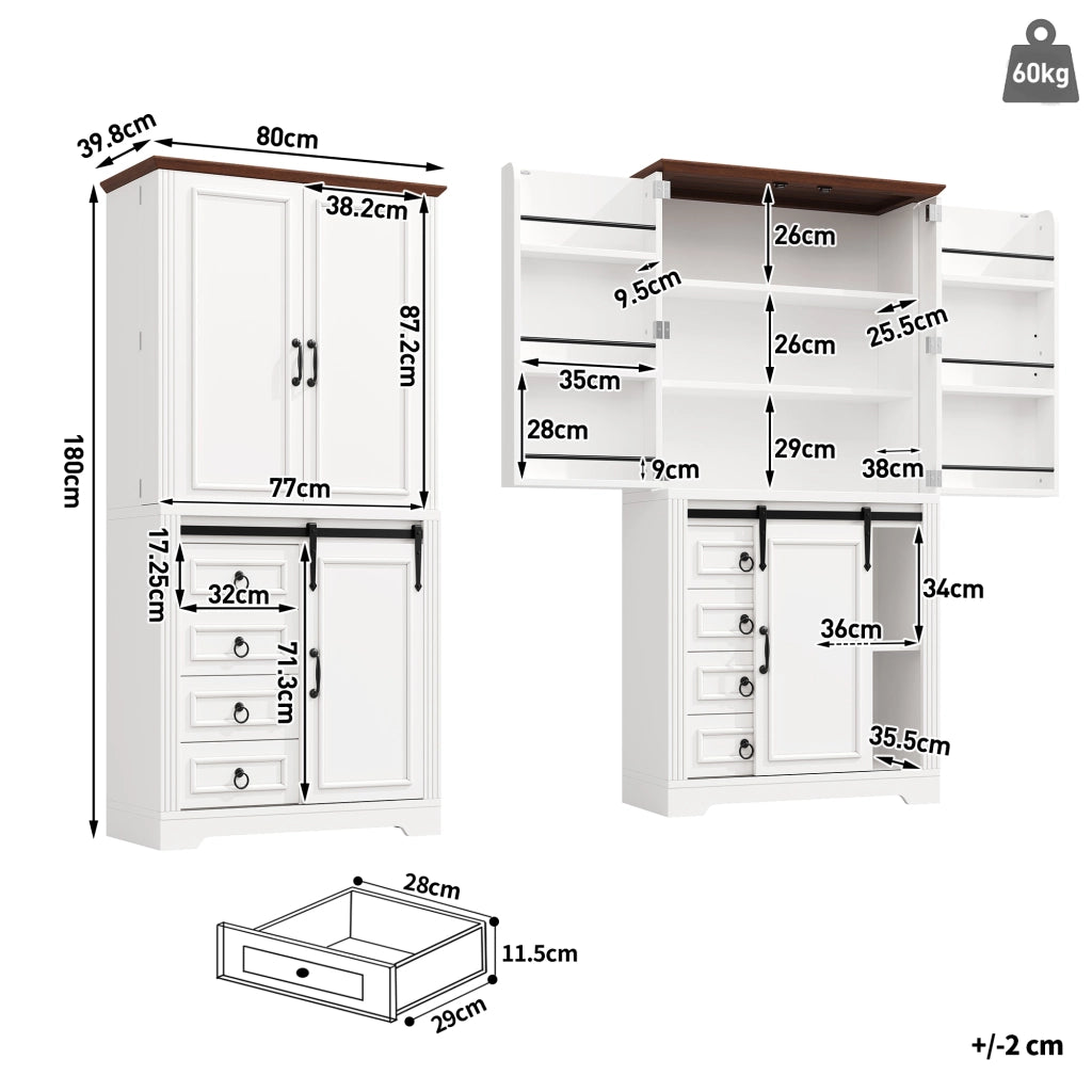 ARMADIO CUCINA Antiribaltamento 80x39,8x180 cm Bianco MDF con 4 cassetti