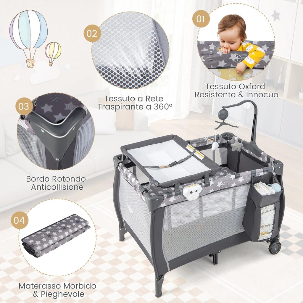 3 In 1 Lettino da Campeggio per Bambini, Lettino con Materasso Portatile per Neonati, Culla Pieghevole per Neonati con Fasciatoio, Carillon e Ruote con Freno, per Bambini 0-36 Mesi (Grigio)