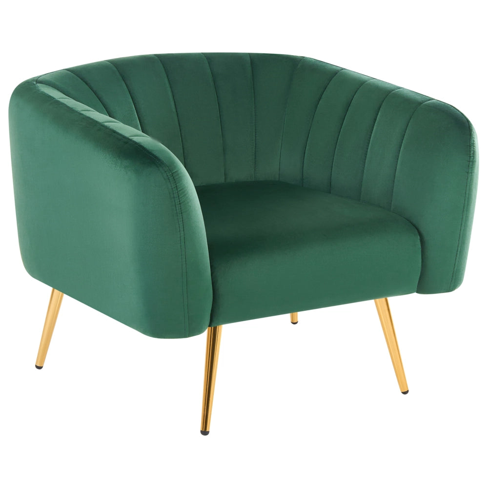 Poltrona Velluto Verde Struttura In Metallo Dorato Con Schienale Tondo Stile Glam