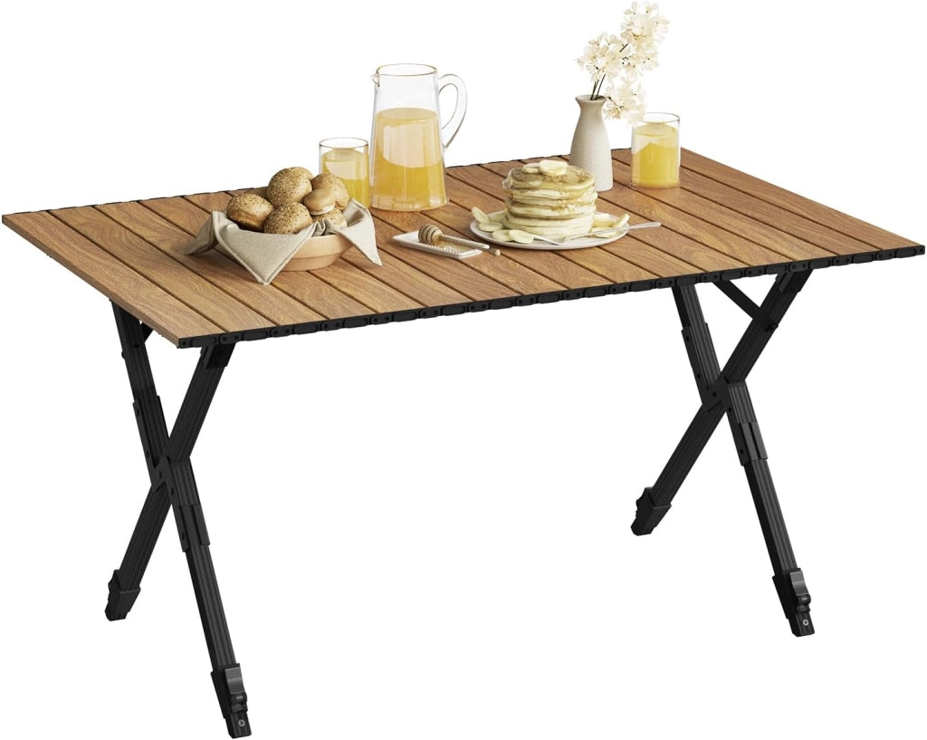 Tavolo da Campeggio Pieghevole Leggero, Tavolo da Esterno Portatile, Altezza Regolabile, Tavolo da Giardino con Piano Arrotolabile in Alluminio, Borsa Portaoggetti, Carico 50kg, Rovere Chiaro