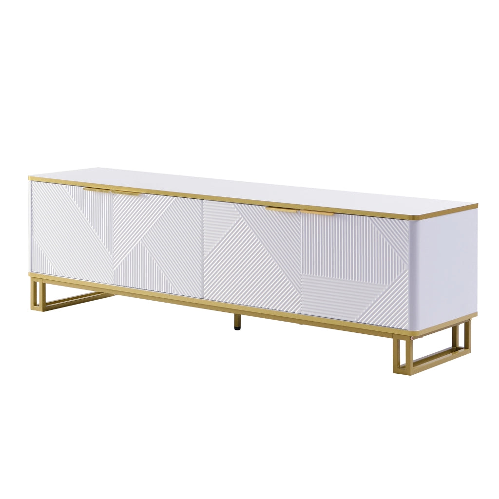 Mobile TV con 4 Ante e Passacavi; Rilievo Geometrico; Struttura in Metallo; in MDF; 160??37;5??48 cm; Bianco
