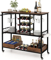 Carrello da Cucina con Ruote, Carrello di Servizio con Portabottiglie, Portabicchieri Ganci, Carrello Portaoggetti a 3 Ripiani per Bar, Casa, Cucina, 108 x 40 x 91 cm (Marrone)