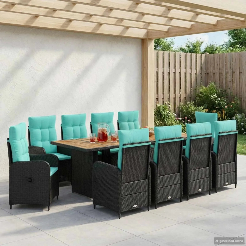 Set da pranzo per esterni 11 pz Nero e Turchese polyrattan 3422378