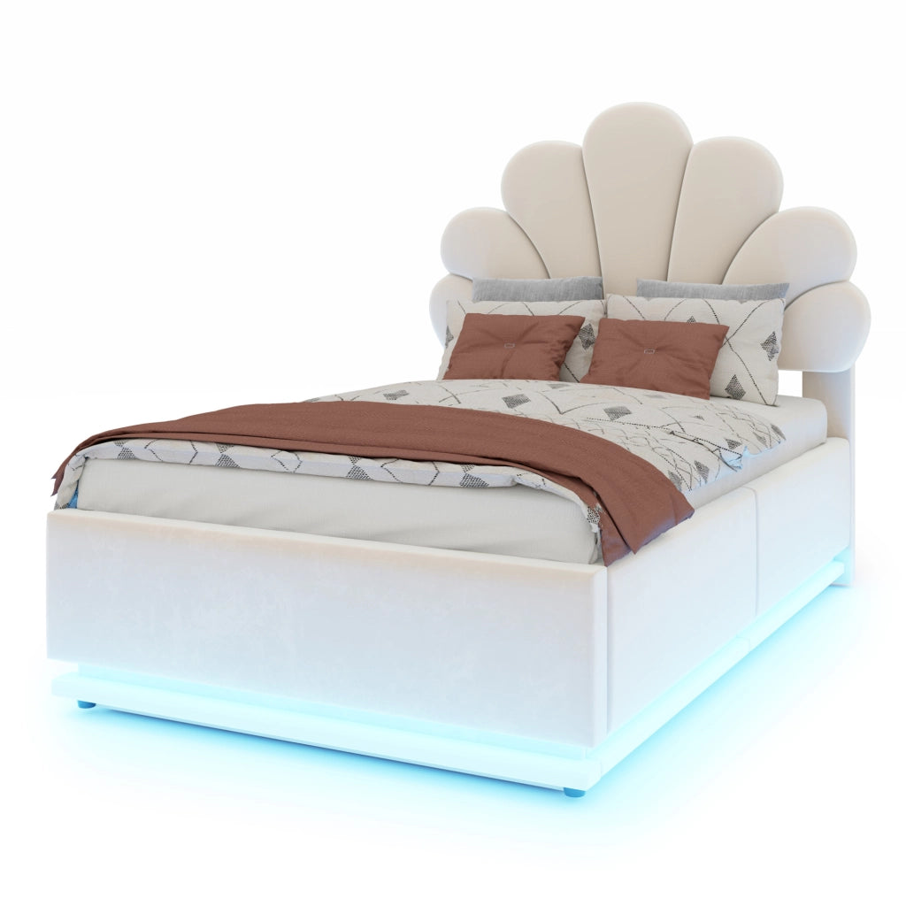 Letto singolo 90x200 cm beige con LED e contenitore
