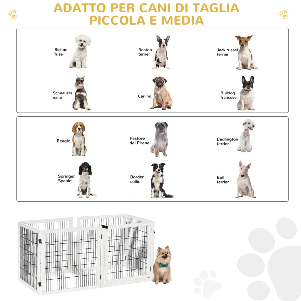 Cancelletto per Cani 6 Pannelli Pieghevoli ¨C Minimal ¨C Legno Acciaio 432x36x70 cm Bianco