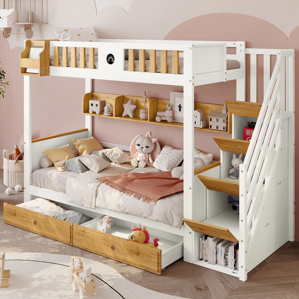 LETTO A CASTELLO con scala contenitore 90x200 cm legno e MDF bianco/naturale