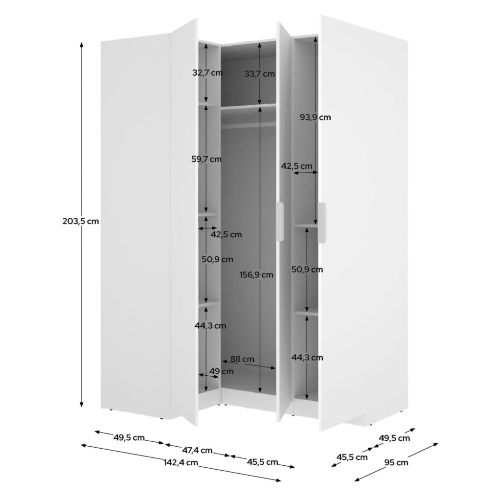 Armadio Camera da Letto Reeves, Guardaroba 3 Ante Appendiabiti, 95x142 cm Bianco