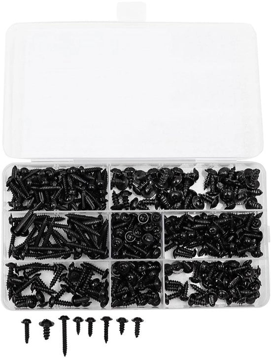 Assortimento di Viti Autoalungenti 340 Unità - M3/M3.5/M4/M5 - Acciaio di Carbone - Per Legno/Komposito/Metallo Sottile - Scatola di Conservazione