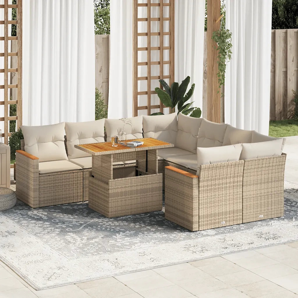 Set Divano da Giardino 9 pz con Cuscini Beige Polyrattan Acacia