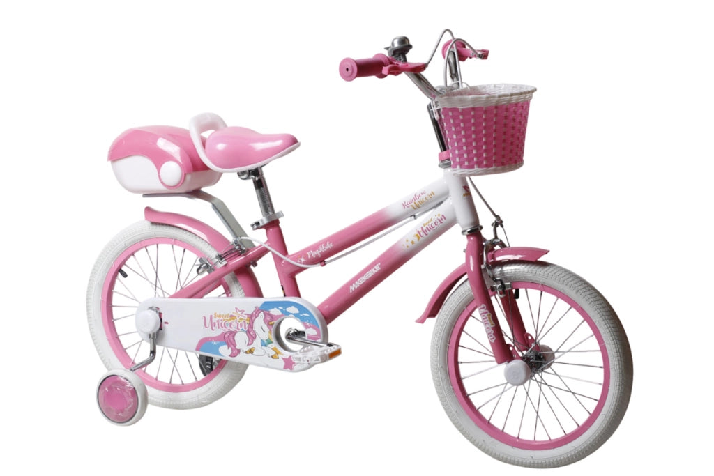 Bicicletta per Bambine Unicorn 14 Pollici con Stabilizzatori Bauletto e Cestino Rosa Rosa