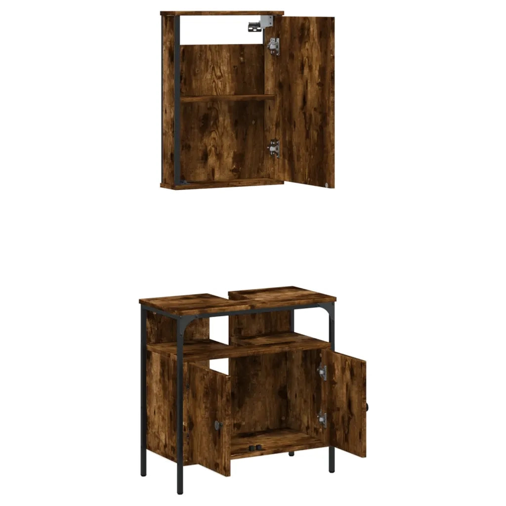 Set Mobili da Bagno | Armadio da bagno 2 pz Rovere Fumo in Legno Multistrato