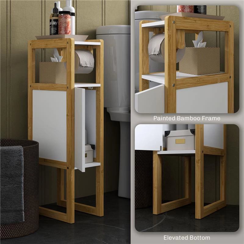 MOBILE BAGNO SALVASPAZIO CON PORTA CARTA IGIENICA, ARMADIETTO E RIPIANO IN BAMBÙ, 20X33X80CM, BIANCO