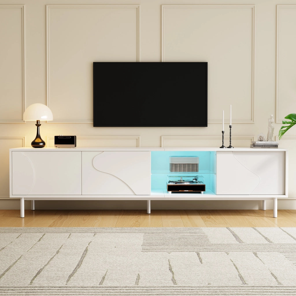 Mobile porta TV con 3 ante scorrevoli, ripiano in vetro e LED, per soggiorno, in MDF e metallo, bianco, 180 × 40 × 45 cm