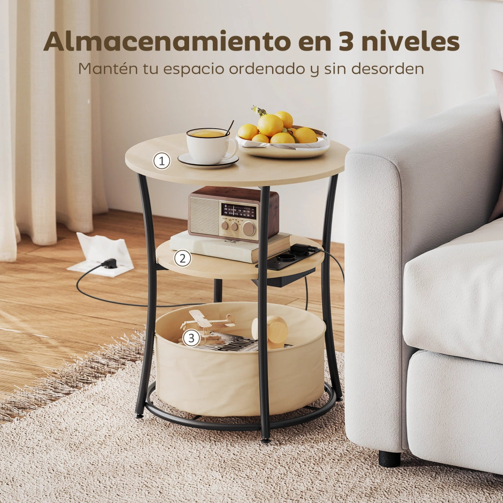 Tavolino rotondo 3 livelli con stazione di ricarica ¨C Xylo ¨C ?50x55,1 cm legno naturale