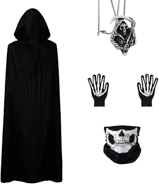 Costume da Halloween 4 pezzi - Cappuccio nero - Maschera teschio - Guanti scheletrici - Collana - Ideale per Halloween - Set di costumi