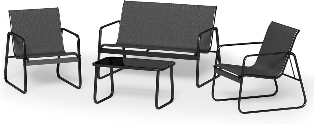 Set da Giardino 4 Pezzi, Mobili da Esterno in Tessuto Teslin, Salotto da Patio con 2 Poltrone, 1 Divano Doppio e 1 Tavolino in Vetro, per Giardino, Balcone e Terrazza (4pcs Set)