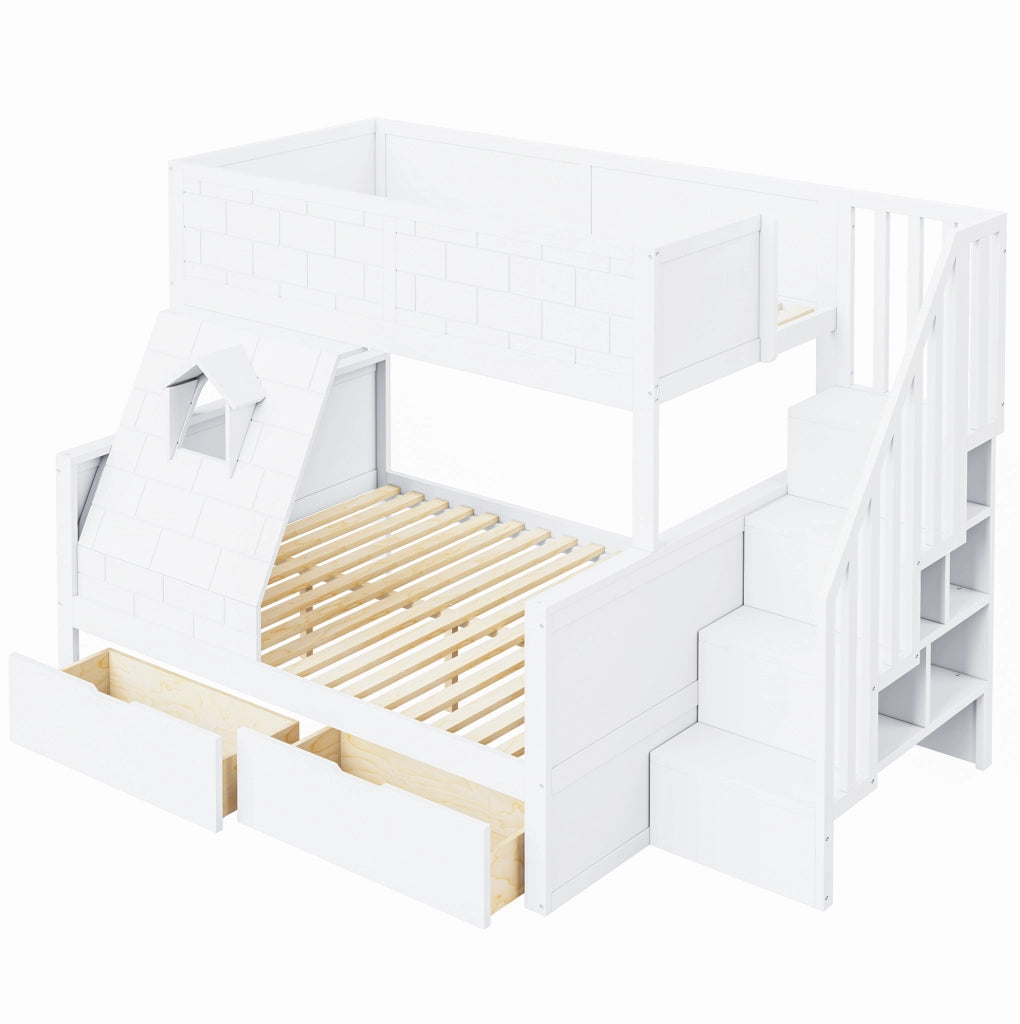 Letto a castello per bambini con scala contenitore e cassetti; 90x200/140x200 cm; bianco