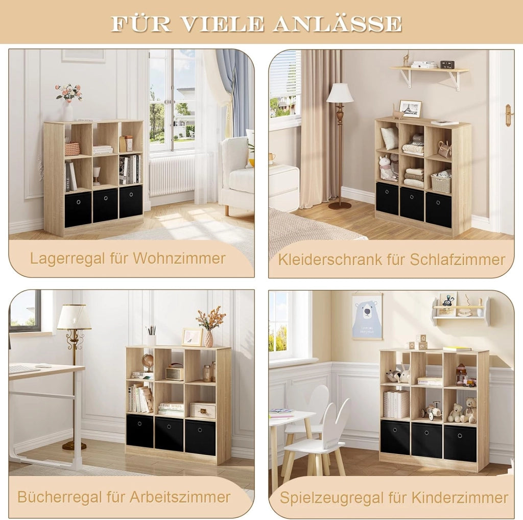 Libreria Scaffale, Libreria a 9 Cubi Portaoggetti, Scaffale in Legno con 3 Cassetti in Tessuto Non Tessuto, per Soggiorno, Camera da Letto, Ufficio, Rovere Chiaro, 80x30x86,5 cm, SK041hei