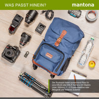 Mantona Luis junior Retro Zaino fotografico blu, per fotocamera con copertura antipioggia, borsa fotografica con scomparto per laptop, DSLR, 3 obiettivi e accessori fotografici
