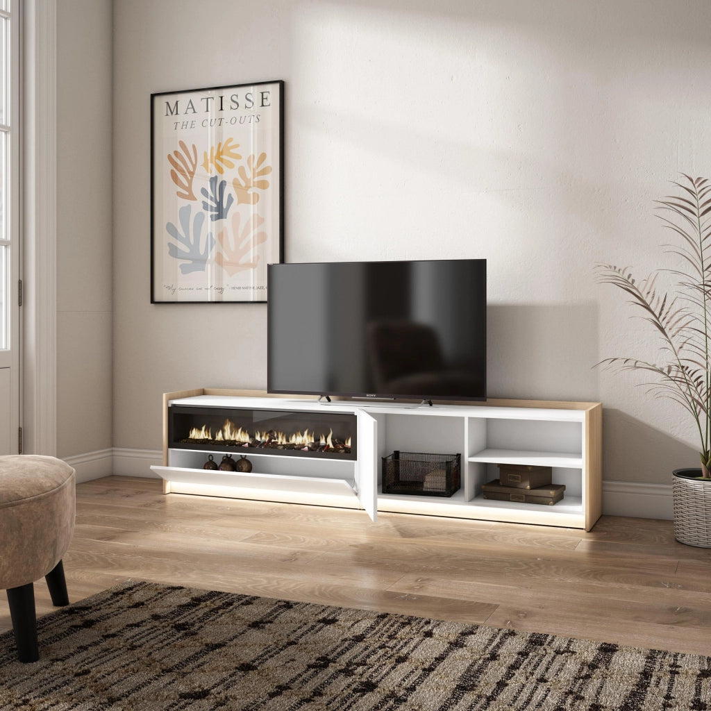 Mobile TV Soggiorno, 207x50x37 cm, Per TV fino a 80", Camino elettrico, LED, Bianco e Rovere soft