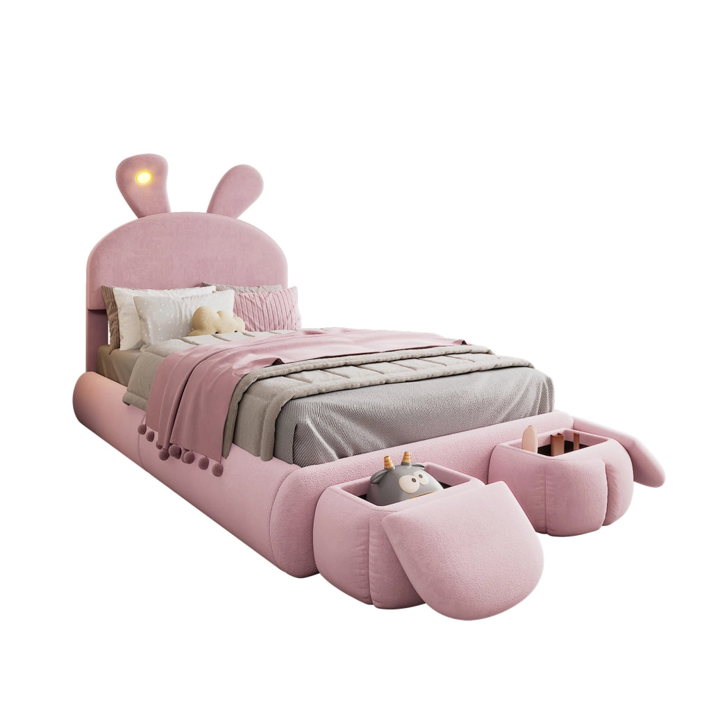 Letto imbottito singolo con orecchie da coniglio, luci LED regolabili e 2 pouf contenitore