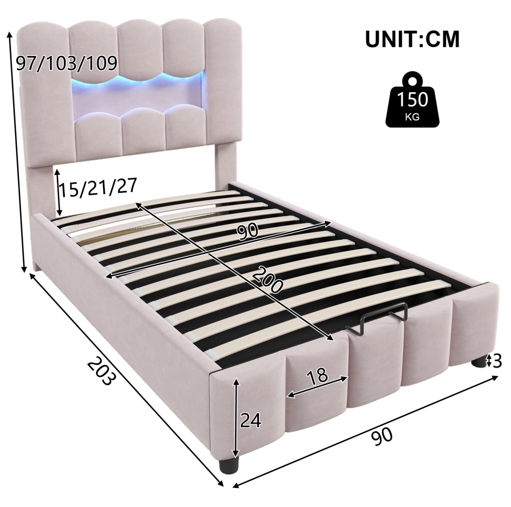 Letto imbottito 90x200 cm rosa con LED e contenitore