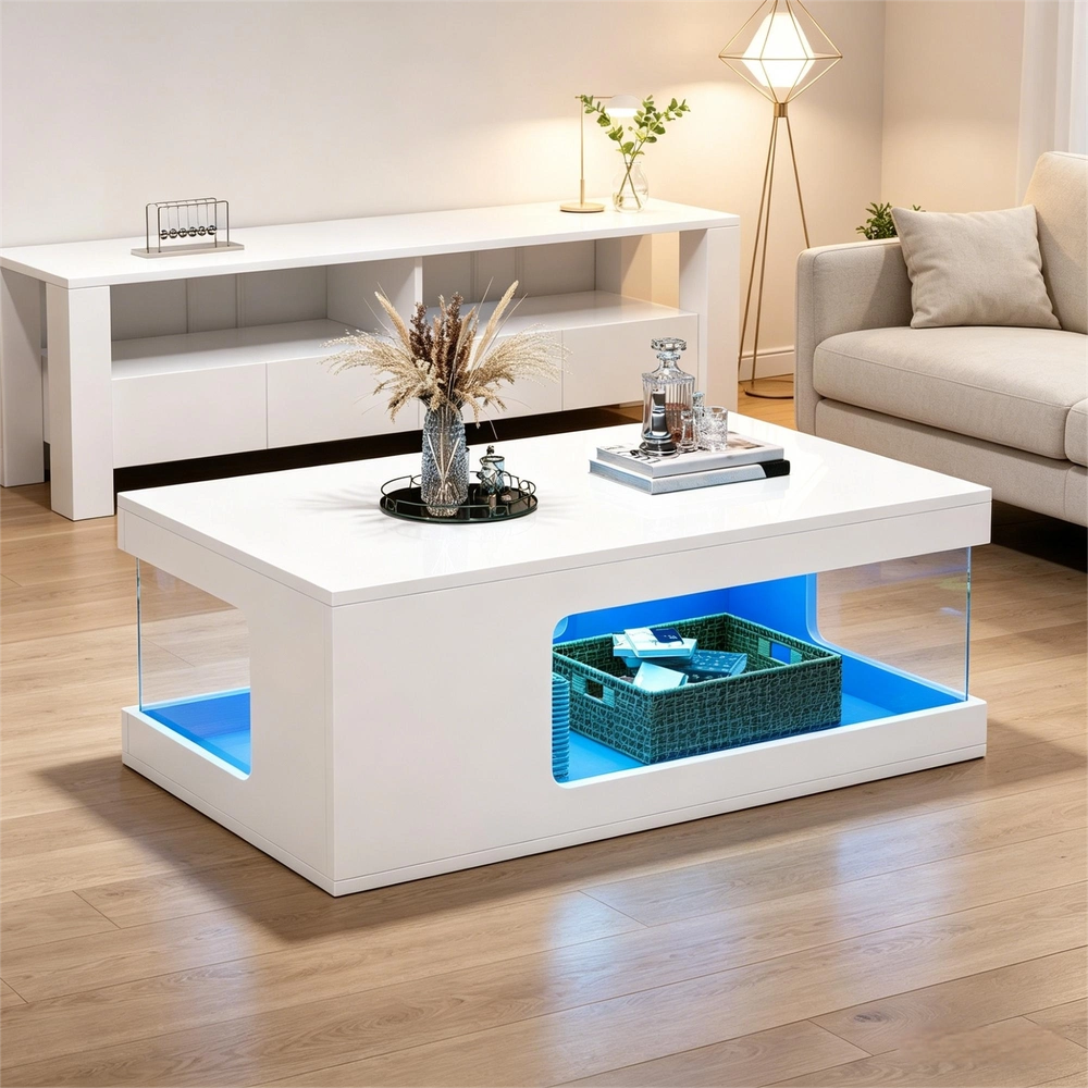 Tavolino da Caff¨¨ con LED ¨C Xylo ¨C Bianco, Vetro Temperato, Truciolato, 100x50x35