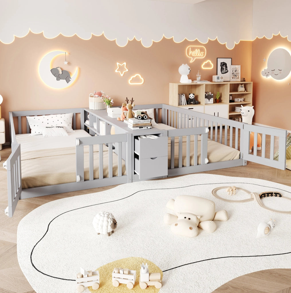 Letto multifunzione per bambini 90x200 cm con 2 posti, cassetti e libreria grigio