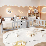 Letto multifunzione per bambini 90x200 cm con 2 posti, cassetti e libreria grigio