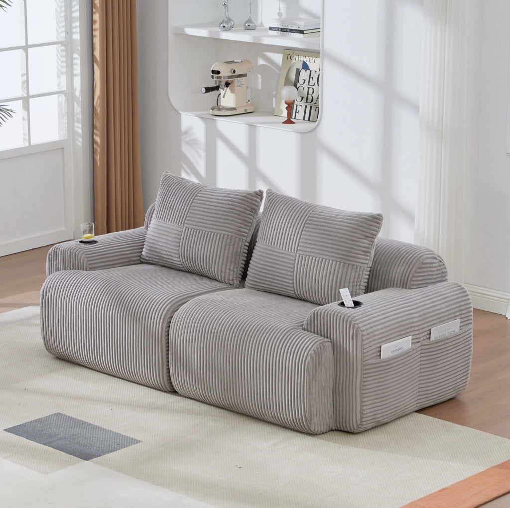 Divano 2 posti modulare in corduroy grigio chiaro 200x99x80 cm con portabicchieri e tasca laterale