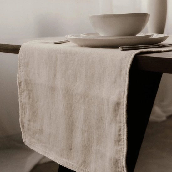 Tavolo da pranzo in lino 100% - 40x140 cm - a doppia imbottitura - lavabile - ruvido - beige crema - stile boho - moderno - tavolo da pranzo tavolo da giardino stile rurale - tavolo da pranzo tessuto 60x140 cm