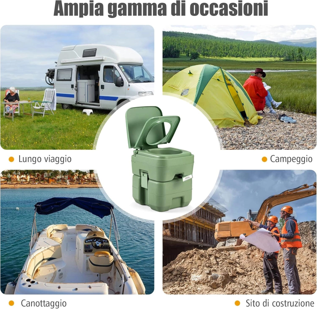 20L Toilette Portatile con Serbatoio d'Acqua Rimovibile a Maniglia,WC Chimico da Esterno per Campeggio, Water Portatile per Adulti e Anziani, Supporto Carico 150kg, 36 x 42 x 43 cm (Verde)
