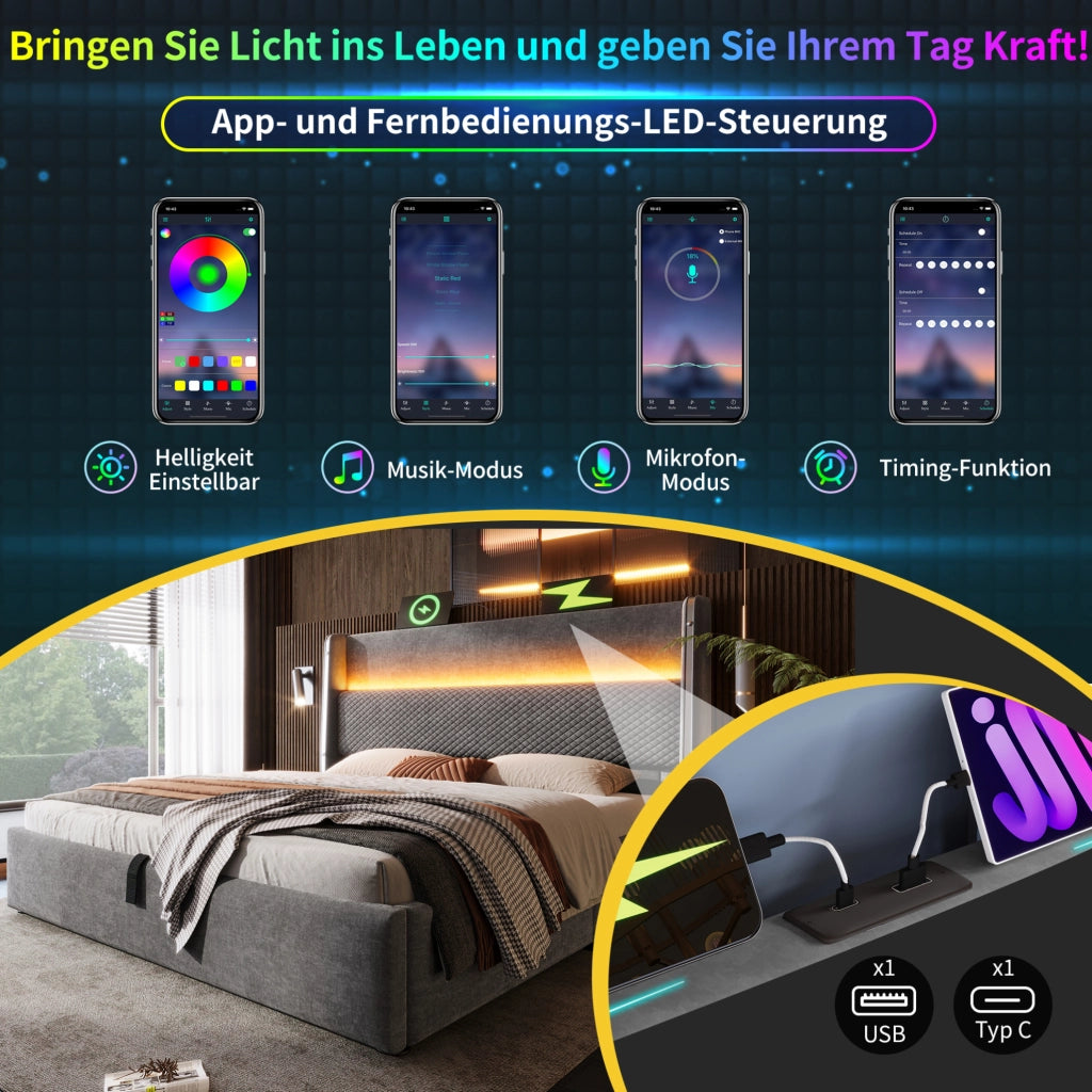 Letto imbottito con testiera alta, illuminazione LED e contenitore 90 x 200 cm