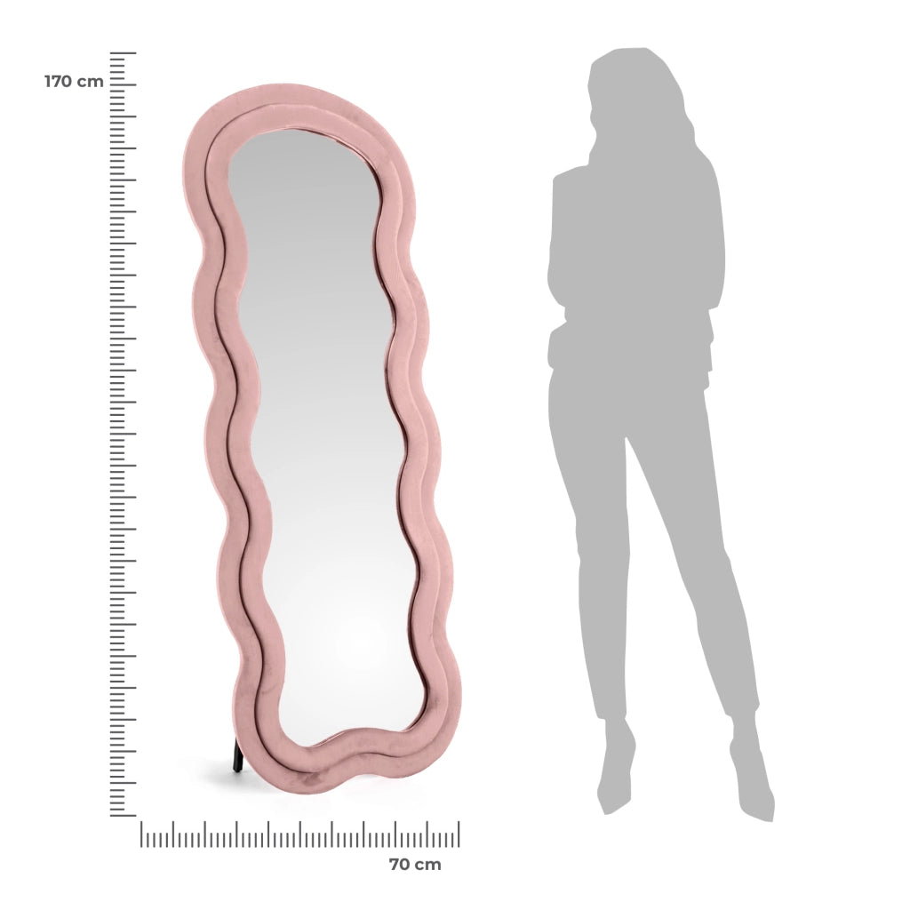 Specchiera da Terra 170x70 cm Design Ondulato Rivestita in Velluto con Supporto in Metallo Specchio Figura Intera Moderno per Camera da Letto Soggiorno Cabina Armadio Rosa
