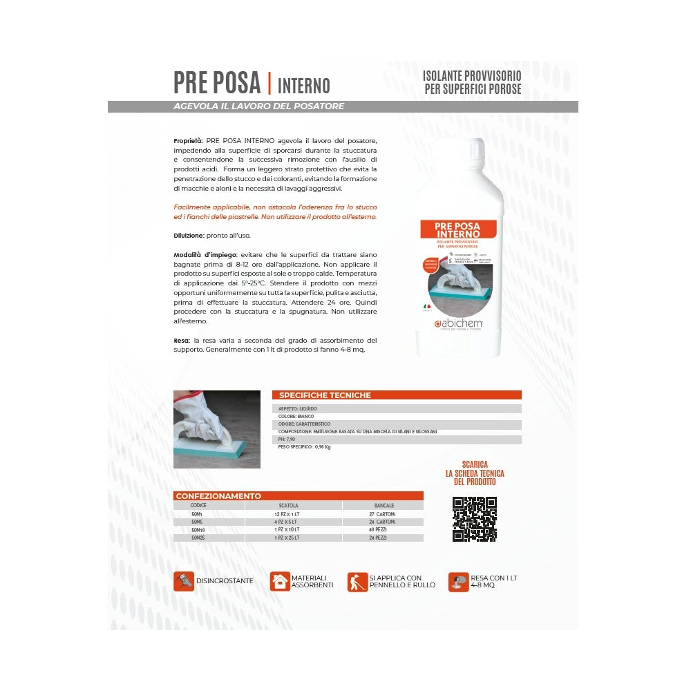Abichem 1lt pre posa interno isolante provvisorio per superfici porose