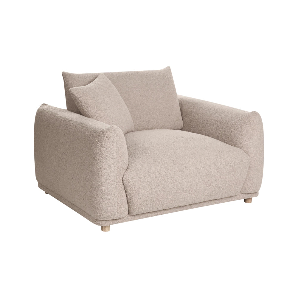 Poltrona beige in bouclé con rivestimento in tessuto e gambe in legno massello, per il soggiorno, con braccioli, in stile moderno