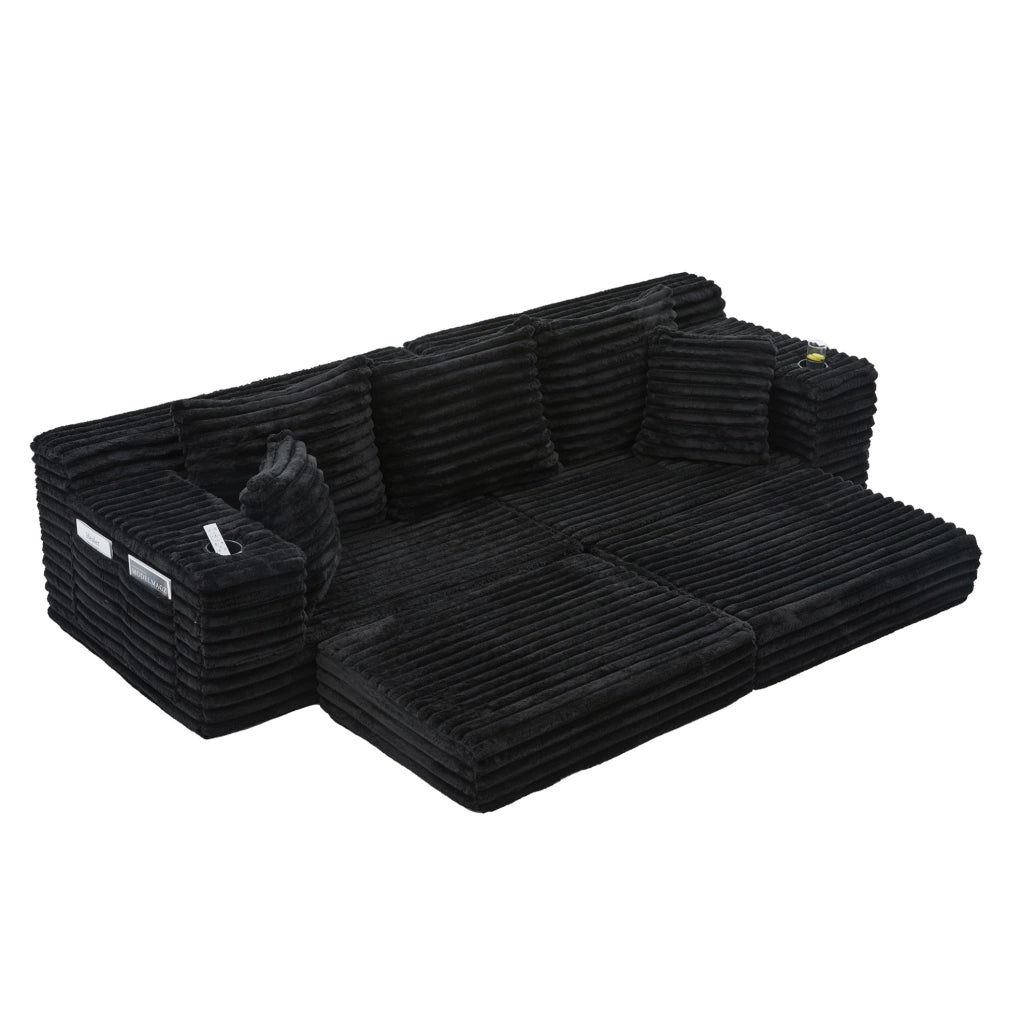 Divano letto 273x98x87 cm in velluto a coste nero con tasche e portabevande