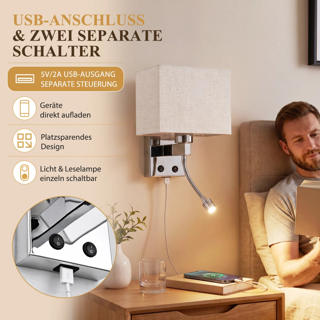 ZMH Lampada da Parete LED con Porta USB e Lettura 2W Paralume Tessuto E27 Interruttore per Camera Hotel Senza Lampadina