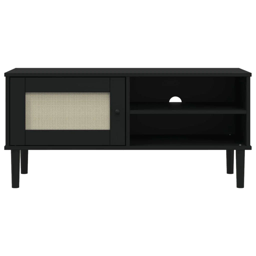 Mobile TV multimediale scaffale per televisione televisione buffet sala da pranzo soggiorno camera da letto SENJA effetto rattan 106 x 40 x 49 cm legno massiccio pino nero 02_0028314