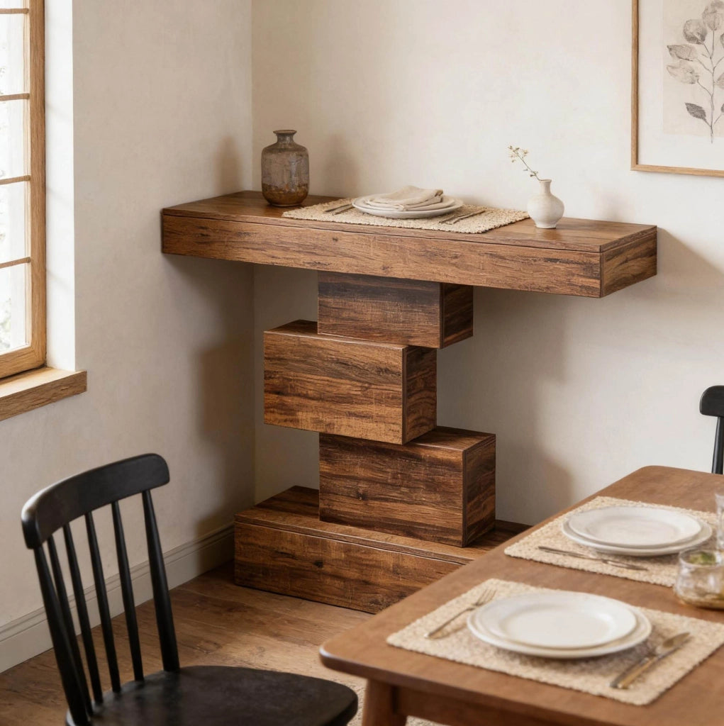 Tavolino consolle rustico con base geometrica e design funzionale