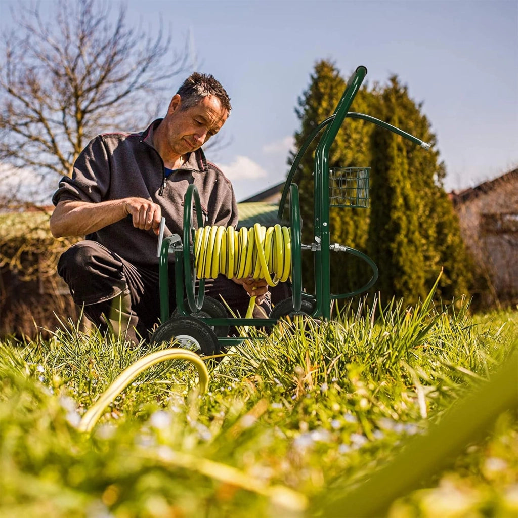 Carrello Avvolgitubo da Giardino, Avvolgitubo in Metallo con Cestino e 4 Ruote Pneumatiche, per Tubi da 5/8", Fino 80 Metri, 95 x 62 x 113 cm, Verde